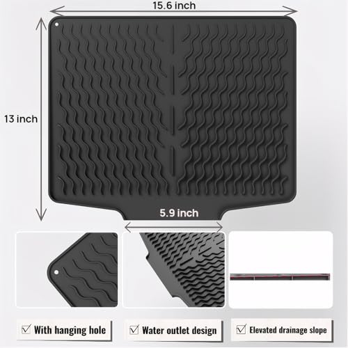 Dish Drying Mat with Drain, Silicone Mat for Kitchen Counter, Non-Slip Drainer Mat for Kitchen Sink, Countertop Dish Drying Rack, Heat Resistant Kitchen Accesories(Black, 15.6"x13") - color: Black