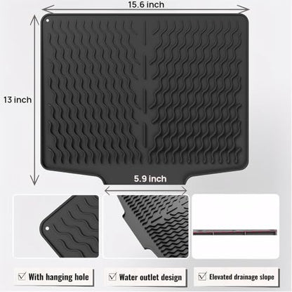 Dish Drying Mat with Drain, Silicone Mat for Kitchen Counter, Non-Slip Drainer Mat for Kitchen Sink, Countertop Dish Drying Rack, Heat Resistant Kitchen Accesories(Black, 15.6"x13") - color: Black