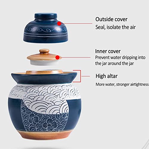 Blue Chinese Porcelain Pickle Jar - Ceramic Fermentation Crock with Water Seal Airlock Lid, Ideal for Kimchi & Sauerkraut, 3.5KG Stoneware Fermenter