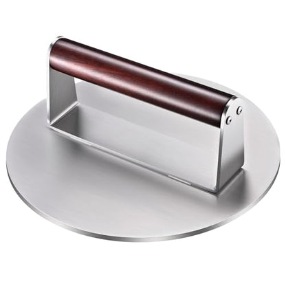 8.5" Stainless Steel Smash Burger Press, 2.5 lbs Heavy Duty Bacon Press & Patty Smasher with Wood Handle, Smooth Non-Stick Griddle Press for Steak, Meat, Flat Top Grill & BBQ - color: 8.5 inches - Silver