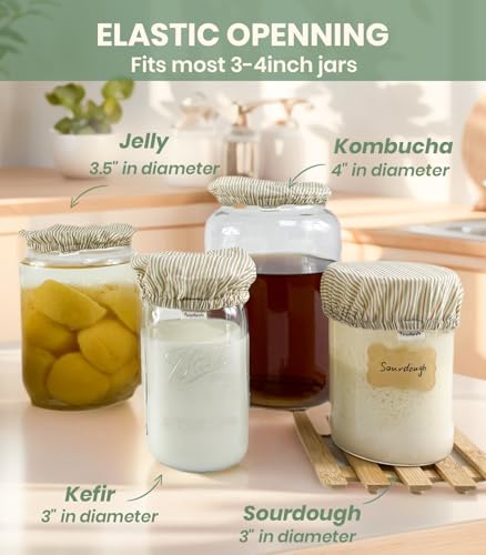 Cloth Jar Covers for Sourdough 4Pack, 4 inch Wide Mouth Kombucha Fabric Lid for Weck Mason Jars, Green Striped - style: Green Striped Cotton