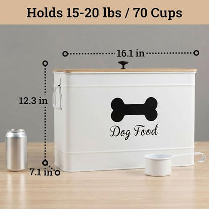 Dog Food Container Airtight Bamboo Lid 15-20 lb Sturdy Metal Handle 70 Cups | Pet Jar For Dogs up to 100lbs, Airtight Bamboo Lid, Sturdy Comfortable Metal Handle, Powder Coated Iron, Kibble Storage Bin - color: White