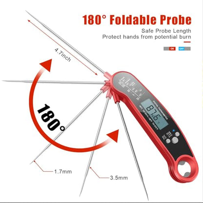 Digital Instant Read Food Thermometer with Backlight, LCD Display, Calibration Function, Built-in Bottle Opener for Grilling, BBQ, Turkey, Candy, Liquid Temperature Measurement, Red - color: Red
