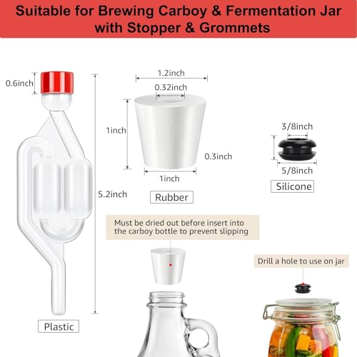 Twin Bubble Airlock Set, Air Lock for Fermenting, 6 Pack S - Shape Airlocks for Fermenting with #6 Carboy Stopper, 12pcs Airlock Grommets and 2pcs Brewing Thermometer Strips