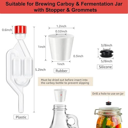 Twin Bubble Airlock Set, Air Lock for Fermenting, 6 Pack S - Shape Airlocks for Fermenting with #6 Carboy Stopper, 12pcs Airlock Grommets and 2pcs Brewing Thermometer Strips
