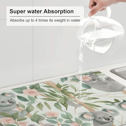 Cute Koala Holding Blossom Branch Dish Drying Mat for Kitchen Counter Microfiber Absorbent Reusable Washable 18x24in - color: Cute Koala Holding Blossom Branch