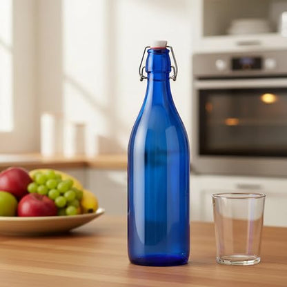 Fox Run Blue Flip Top Glass Bottle, 1 Liter Air Tight Bottle with Flip Top Lid, 12.5" x 3.4"
