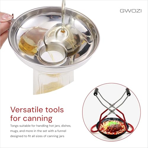 Canning Tongs Jar Lifter & Canning Funnel with Wide Mouth, Set of 2 - All Size Canning Jar Lifter with Rubber Grips - Canning Jar Lifter Tongs Secure Grip, Stainless Steel