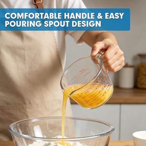 KOMUEE 4 Pieces Glass Measuring Cups Set | 5 Oz, 1-Cup, 2-Cup, 4-Cup Liquid Measuring Cups with Lids for Kitchen, Freezer and Microwave Safe