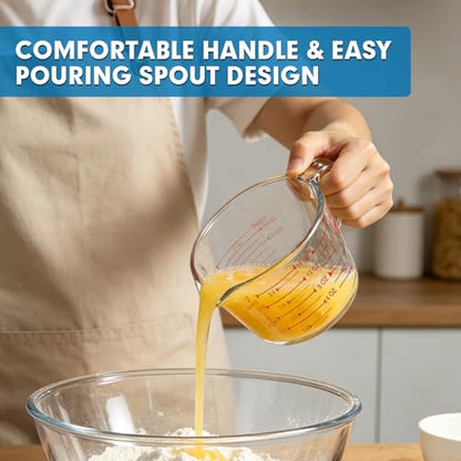 KOMUEE 4 Pieces Glass Measuring Cups Set | 5 Oz, 1-Cup, 2-Cup, 4-Cup Liquid Measuring Cups with Lids for Kitchen, Freezer and Microwave Safe