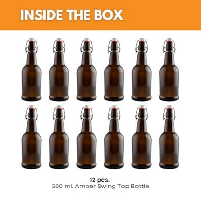FastRack Swing Top Glass Bottles 16 oz – Pack of 12 | Amber Flip Top Glass Bottles with Airtight Lids | Resealable Grolsch-Style Fermentation Bottles for Kombucha, Beer, Mead, Soda, Vinegar & Water - color: Brown