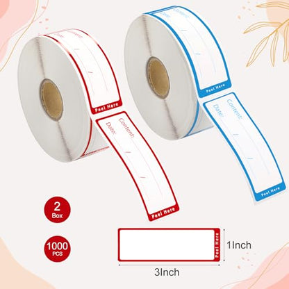 1000 Freezer Labels with Dispenser, 1" x 3", Removable, Red/Blue | Writable food Labels, Easy-Peel, No Residue, Strong Adhesive, Waterproof, For Containers and Freezer Bag
