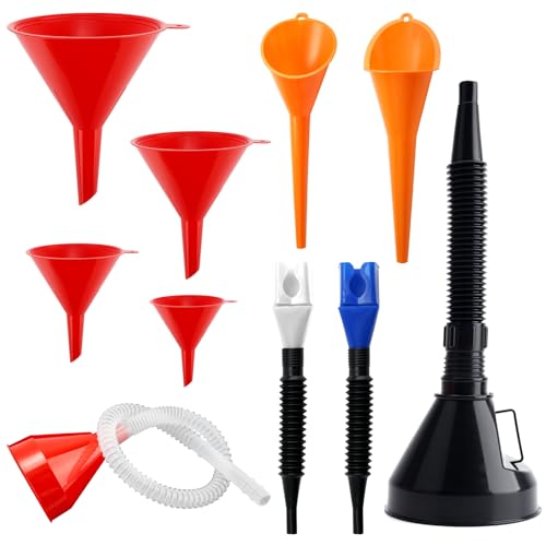 10Pcs Funnels for Automotive Use, Wide Mouth Plastic Oil Funnel Set | Flexible Long Neck Fuel Funnel Kit with Spout & Filter for Filling Car Engine Oil, Gasoline, Diesel, Coolant, Fluid