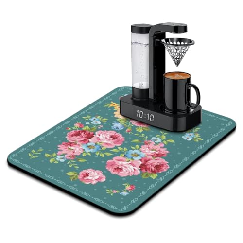 Washable Non-Slip Pioneer Flower Dish Drying Mats,Super Absorbent Quick Drying Mat For Kitchen Counter Home Large Coffee Bar Pad Accessories And Decor 18''x24'' (Dark Green Pink Flower, 18*24) - color: Dark Green Pink Flower, size: 24" x 24"