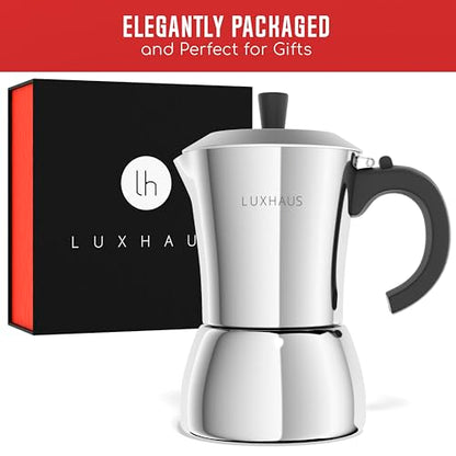 LuxHaus 6 Cup Moka Pot (2oz each cup - 12oz total) Stovetop Espresso Maker - Stainless Steel Italian and Cuban Mocha Coffee Maker - size: 6 Cup