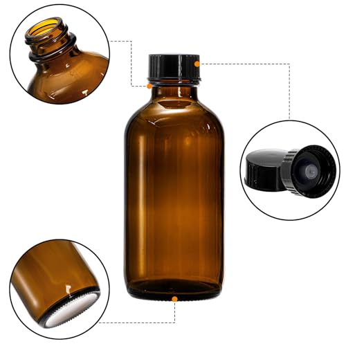 Bekith 30 Pack 4 oz Amber Glass Bottles, Boston Round Sample Bottles with Black Poly Cone Cap for Juice, Ginger Shots, Oils, Whiskey, Liquids