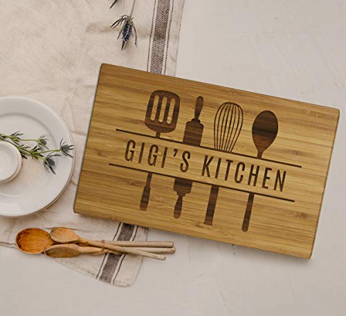 Andaz Press Large Bamboo Wood Cutting Board Gift, 17.75 x 11-inch, Gigi's Kitchen, Utensils Graphic, 1-Pack, Laser Engraved Serving Chopping Board Christmas Birthday Chef Kitchen Ideas - color: Gigi