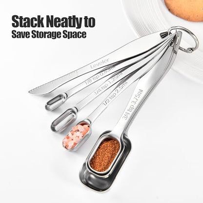 18/8 Stainless Steel Measuring Spoons: Doosu Heavy Duty Rectangular Spoon Square Teaspoon Tablespoon Scoop with Slim Long Handle in Narrow Spice Jar for Kitchen Baking Cooking (Set of 7 with Leveler) - size: Set of 7 with Leveler