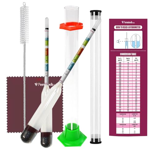Fermtech Glass Triple Scale Hydrometer Kit – Glass Hydromter and Jar, Brush, Instructions, Hard Storage Case and Microfiber Cloth. Test ABV, Brix, Gravity for Wine, Beer, Mead & Kombuch.