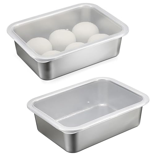 BSTKEY 2 Pack Pizza Dough Proofing Box, Stackable Stainless Steel Food Storage Box Container with Lid, Fits 4-6 Dough Balls, 14.1 x 10.6 Inch Large Capacity Household Pizza Dough Container