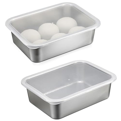 BSTKEY 2 Pack Pizza Dough Proofing Box, Stackable Stainless Steel Food Storage Box Container with Lid, Fits 4-6 Dough Balls, 14.1 x 10.6 Inch Large Capacity Household Pizza Dough Container