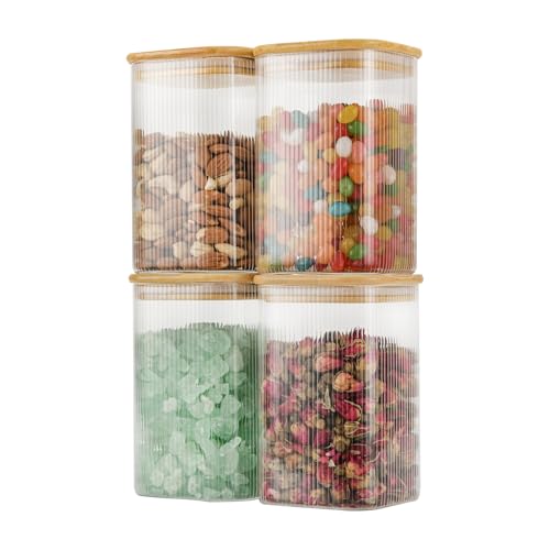 D2scrma 37oz Airtight Glass Square Storage Canisters with Bamboo Lids Set of 4 (1100ml) Striped Stackable Containers, Decorative Kitchen Jars for Tea, Nuts and Coffee (‎with Black Lable) - size: 37oz*4(Striped)