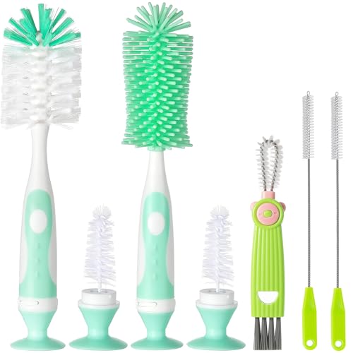 Ariseno 5-in-1 Baby Bottle Brush Set, Bottle Brush for Baby, Bottle Cleaner Brush Set, Including Nylon and Silicone Bottle Brush, Bottle Cap Brush, Straw Brush, Nipple Brush, BPA-Free (Green) - color: Green-nylon Silicone