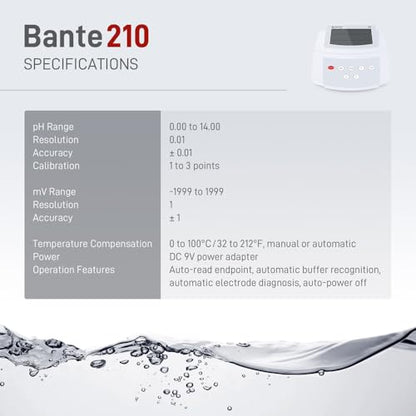 Bante 210 Benchtop pH Meter | Lab pH Meter for Routine Measurements, ±0.01 pH Accuracy, 3 Points Calibration, Equipped with pH Electrode, Temperature Probe and Buffers
