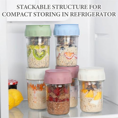 SOLIGT 2 Pack Overnight Oats Containers with Lids, Folding Spoons and Divided Compartments for Fruit & Nuts, Small Glass 16oz Mason Jars for Oatmeal Yogurt Parfait (2 Set-Oat White/Oat White) - color: 2 Set-Oat White/Oat White
