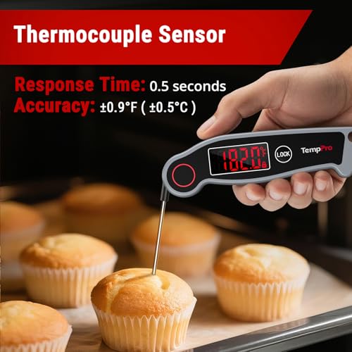 TempPro TP19 Waterproof Digital Meat Thermometer for Grilling with Ambidextrous Backlit & Thermocouple Instant Read Kitchen Cooking Food Thermometer for Candy Water Grill Smoker (Previously ThermoPro) - color: Grey