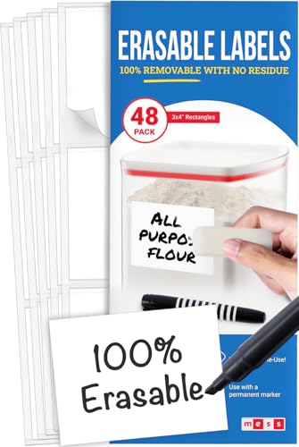 MESS Reusable Kitchen Labels - White Dry Erase, 3x4 in, 48-Pack - Erasable Organizing Stickers for Fridge & Freezer - size: 3x4", style: White