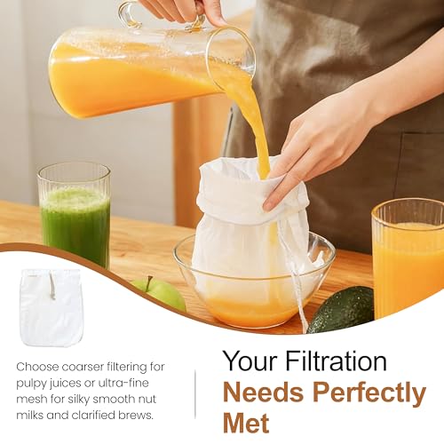 Organic Cotton Nut Milk Bags 3 Pack (10x12, 12x12, 13x13) Reusable Food Grade Fine Mesh Strainer for Almond Milk, Oat Milk, Cold Brew Coffee, Yogurt, Juice, Tea, Cheesecloth, Unbleached Cotton