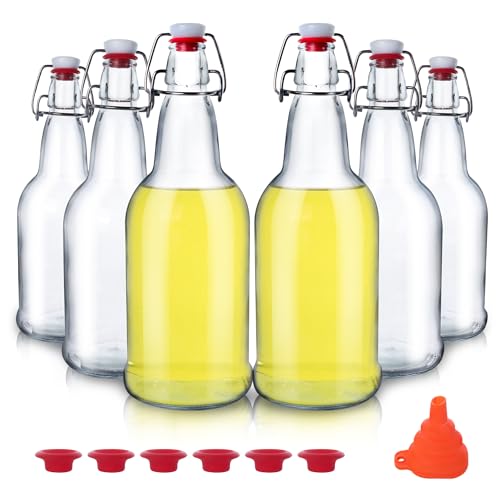 6 Pack 16oz Swing Top Glass Bottles, 500ML Glass Brewing Bottles with Airtight Stoppers for Beer, Kombucha, Kefir, Vanilla Extract(Bonus Gaskets and Funnel) - size: 16oz