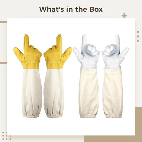 White and Yellow, 2 Pairs, Goatskin Beekeeping Gloves, Protective Leather with Thickened Handbacks, Sturdy Flexible for Bee Suit Protection, Supplies