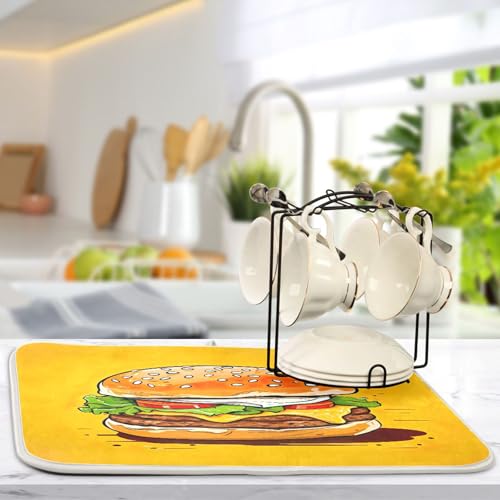 Hamburger with Cheese Dish Drying Mat for Kitchen Counter, Non Slip & Super Absorbent Dish Drainer Rack Pad for Countertops, 18 x 24 Inch - size: 18x24in