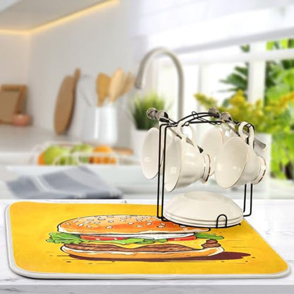 Hamburger with Cheese Dish Drying Mat for Kitchen Counter, Non Slip & Super Absorbent Dish Drainer Rack Pad for Countertops, 18 x 24 Inch - size: 18x24in