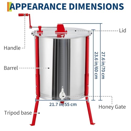 Manual Honey Extractor, Large 2/4 Frames Honeycomb Drum Spinner, Food-Grade Stainless Steel Beekeeping Extraction with Transparent Lid & Adjustable Legs, for Beekeepers, Apiaries, and Beehives