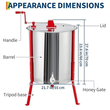 Manual Honey Extractor, Large 2/4 Frames Honeycomb Drum Spinner, Food-Grade Stainless Steel Beekeeping Extraction with Transparent Lid & Adjustable Legs, for Beekeepers, Apiaries, and Beehives