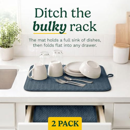 Cuisinart Dish Drying Mat for Kitchen Counter - 2-Pack XL 18x24 Ultra Absorbent Microfiber Dish Mat - Fast Drying, Machine Washable, Foldable Countertop Pad - Safe for Granite & Quartz - color: Geostripe Blue