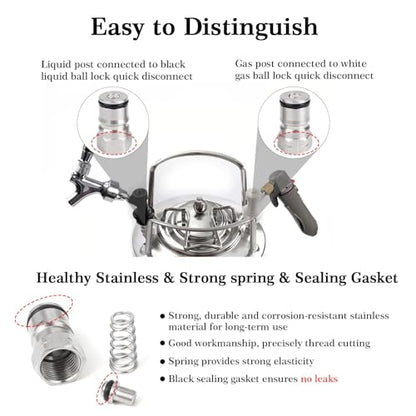 2 Pairs Ball Lock Keg Post, Stainless Steel Homebrewing Beer Cornelius Corny Keg Quick Disconnect Kegerator Gas + Liquid 19/32-18 Thread Adapter Poppet Spring Sealing Gasket Replacement Kit