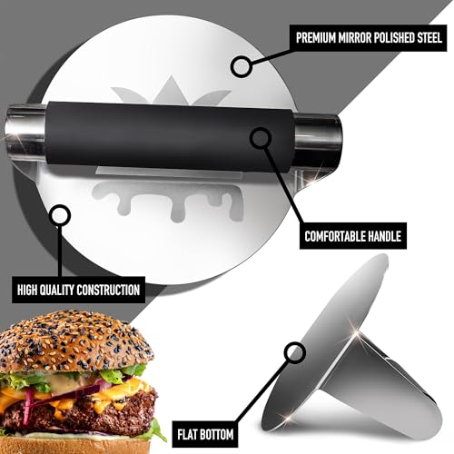 SMASHER KING™ - Mirror Polished Stainless Steel Smash Burger Press - Hamburger Smasher Tool for Griddle Cooking - Heat Resistant Handle Grill Press and Meat Weight - Burger Patty Maker for Perfection