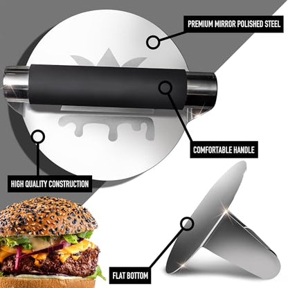 SMASHER KING™ - Mirror Polished Stainless Steel Smash Burger Press - Hamburger Smasher Tool for Griddle Cooking - Heat Resistant Handle Grill Press and Meat Weight - Burger Patty Maker for Perfection