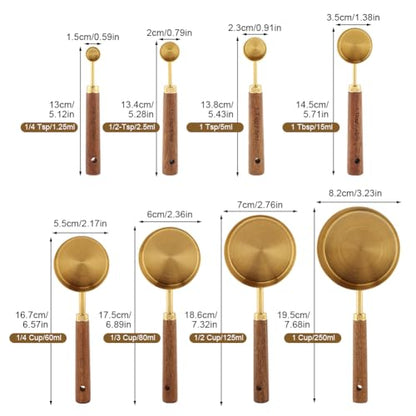 8Pcs Gold Measuring Cups and Spoons Set, Golden Stainless Steel Measuring Cups with Wooden Handle and 4 Measuring Spoons Set for Kitchen Baking Cooking