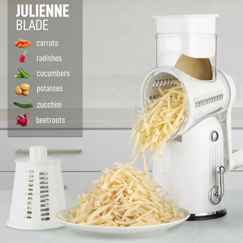 Zulay Kitchen Rotary Cheese Grater 5 Blade Cheese Shredder - Manual Hand Crank Cheese Grater With Reinforced Suction & 5 Interchangeable Drums - Easy to Use, Vegetable Chopper Round Mandoline Slicer - color: Classic | White