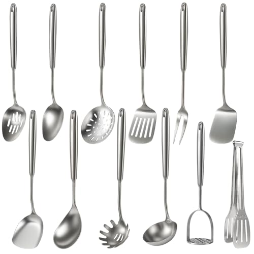 Newness 12 Pcs Cooking Utensils Set, 304 Stainless Steel Kitchen Utensils Set, Metal Kitchen Accessories, Include Soup Ladle, Slotted Skimmer Spoon, Spaghetti Spoon and Spatula, Dishwasher Safe - size: 12 PCS Cooking Utensils Set