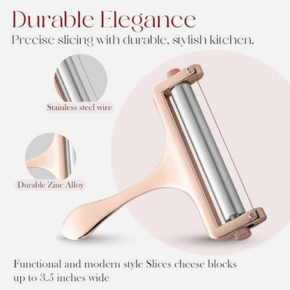 Bellemain Stainless Steel Wire Cheese Slicer - Hand Held Cheese Cutter for Cheddar, Gruyere, Raclette, Mozzarella Block, Adjustable Shaver, Thick & Thin Slicer, Curler (Rose Gold) - color: Rose Gold