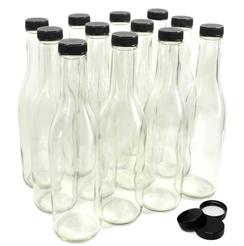 nicebottles - Clear Glass Woozy Bottles, 12 Oz (375ml) - Case of 12 Lovely Bottles Packed in Sturdy Box with 15 Black Screw Caps (Yes, That's 3 Extra Caps!)