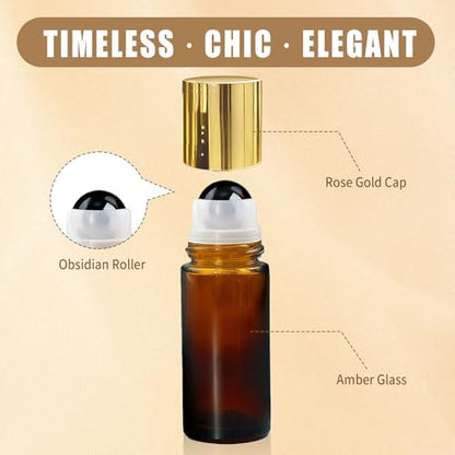 Obsidian Roller Bottles for Essential Oils, 50ml Refillable Amber Glass Roll On Bottles with Natural Crystal Roller Balls, Leak-Proof Travel Perfume Bottle with Gold Caps - color: Obsidian