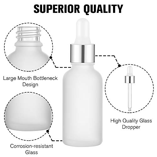 PrettyCare 4 Pack 1oz Dropper Bottle for Essential Oils, 30 ml Frosted Clear Glass Leak Proof Essential Oils Bottles with Labels, Funnels- Empty Tincture Bottles for Personal Care & Beauty - color: 1oz Frosted, style: 4 Pack