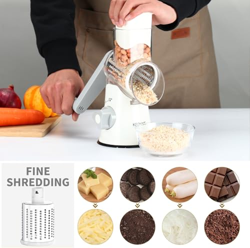 Cambom Rotary Cheese Grater Hand Crank Cheese Shredder for Fresh Cheese, Vegetable, Nuts,Non-slip Suction Base,Three Blades,White - color: White, size: 3 BLADES